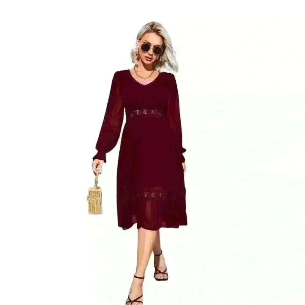 Red Wine Eyelet Midi Dress, Sheer Long Sleeves, Size 4/S